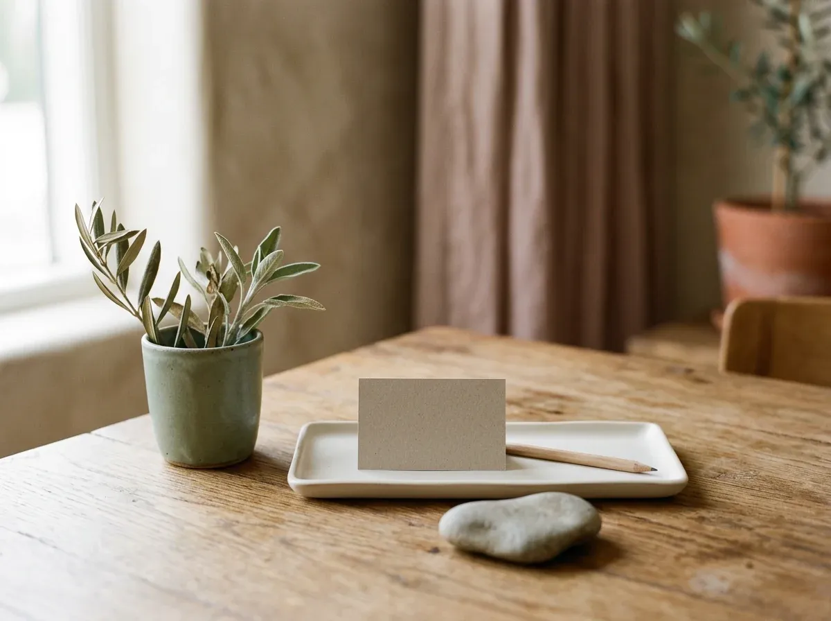 Blank planning card, pencil, ceramic cup, and stone on a warm wood table.