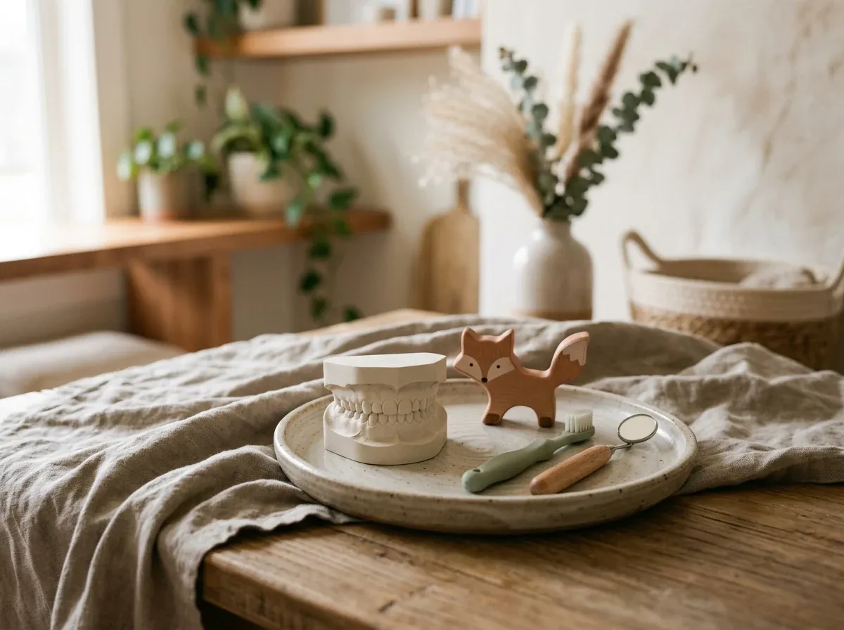 Kid-friendly orthodontic evaluation items with a toy animal and dental model on a warm neutral desk.