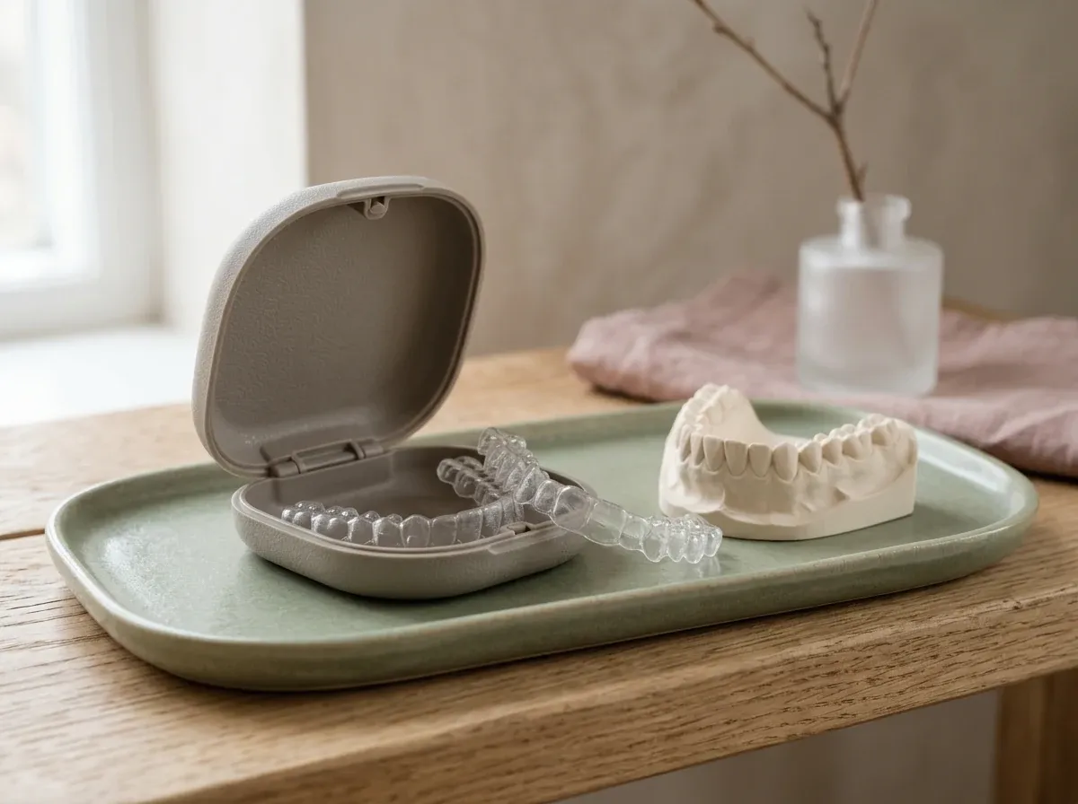Clear aligners in a calm sage and warm neutral tabletop setting.