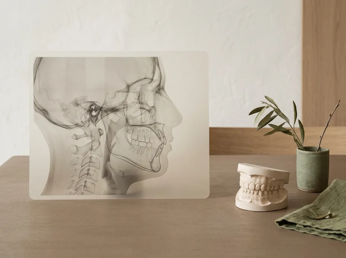 Surgical orthodontic planning objects in a calm greige and sage tabletop setting.