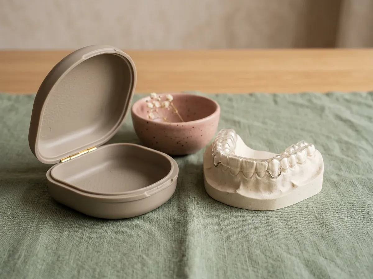 Retainer and case displayed on stone and linen in a muted sage and greige setting.