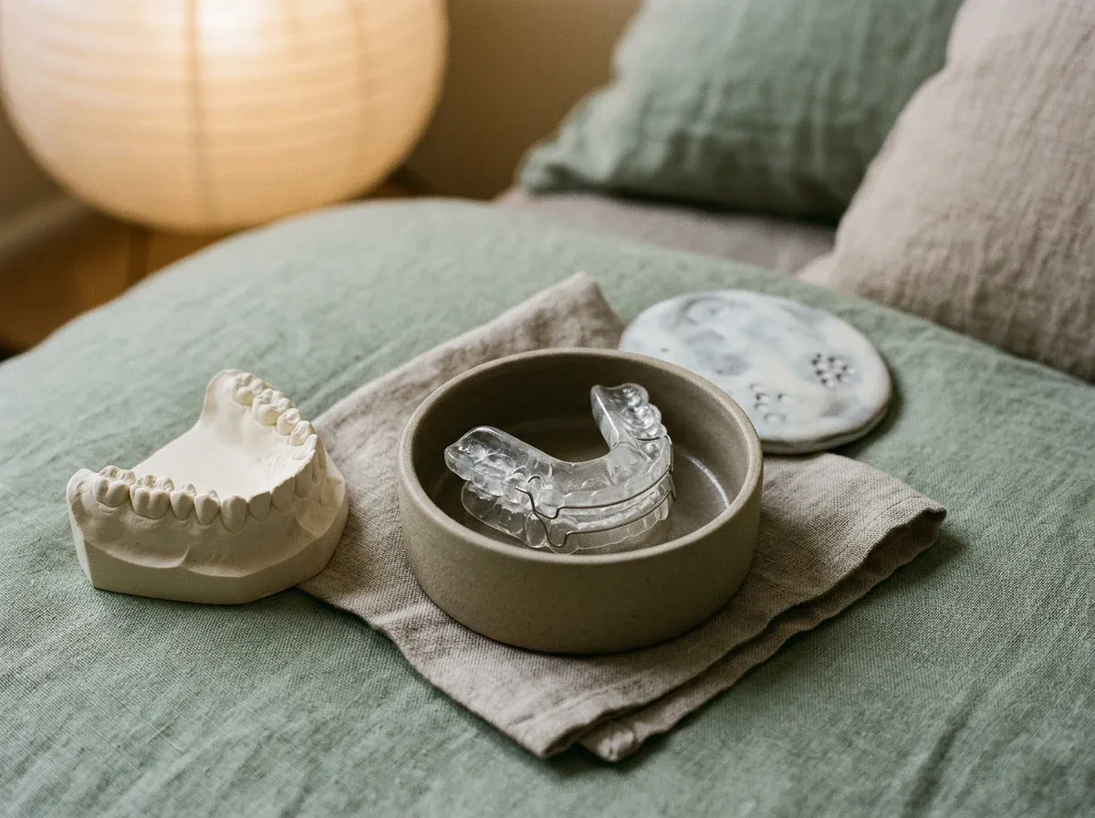 Sleep and airway consultation items arranged in a quiet warm neutral setting.