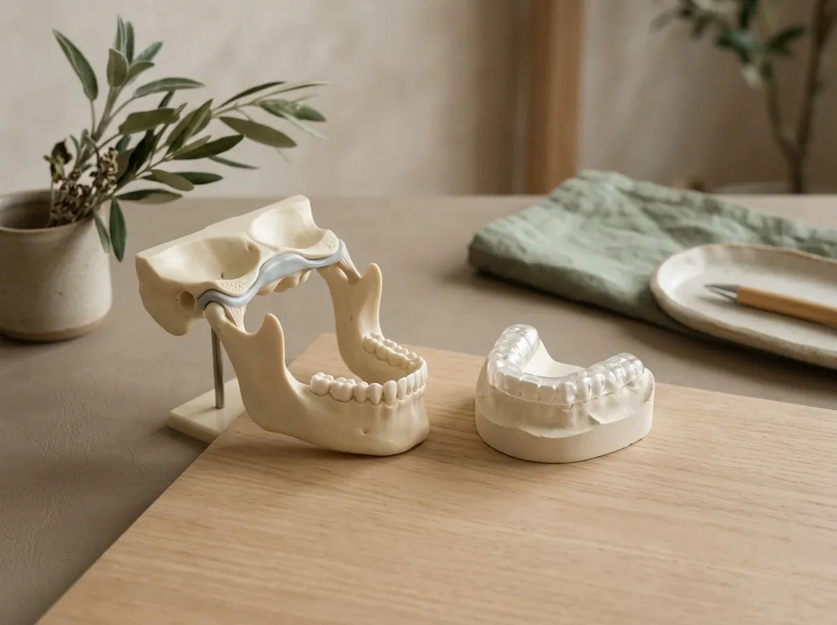 TMJ evaluation materials in a soft sage and warm greige orthodontic setting.